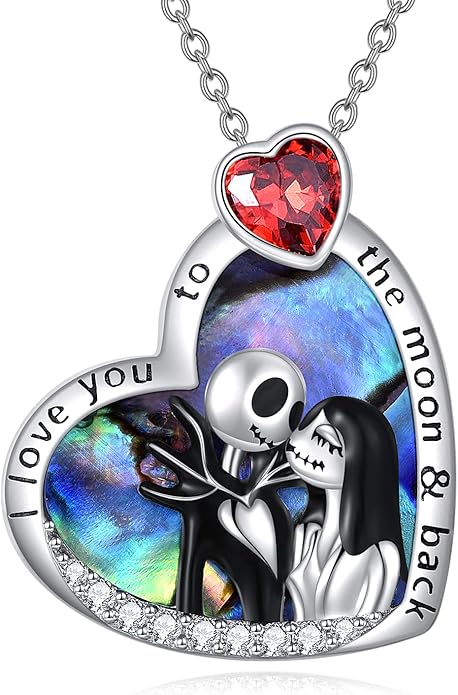 LILALO Nightmare Necklace Sterling Silver Abalone Shell Crystal Jack and Sally Necklace Jack Skellington Skull Jewelry Skull Necklaces for Women
