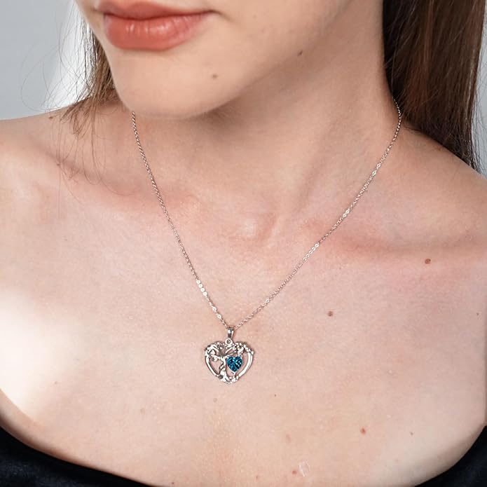 Tree of Life Necklaces for Women 925 Sterling Silver Heart Pendant Birthstone Necklace Created Gemstone Jewelry for Her, 18"+2"
