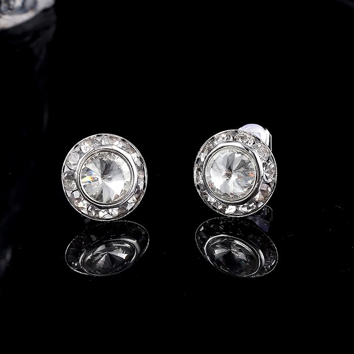 FIBO STEEL Clip on Halo Earrings Rhinestone Earrings Crystal Earrings for Women Round Acrylic Stone Inside Dance Competitions Stage Opera Performance Wedding Party Jewelry