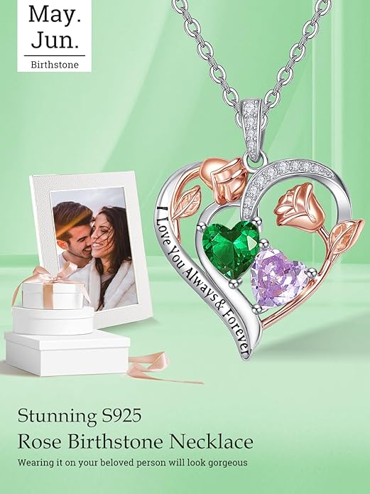 Valentine's Day Gifts for Wife 925 Sterling Silver Double Birthstone Pendant Necklaces I Love You for Always and Forever Necklace Anniversary Birthday Gifts for Wife Girlfriend Mom Her