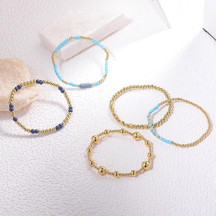 Gold Bracelets for Women Waterproof, 14K Gold Plated Beaded Cross Bracelets Set,Boho Stretch Bracelets Stackable Jewelry for Women Teenage Girls Jewelry Christmas Gifts
