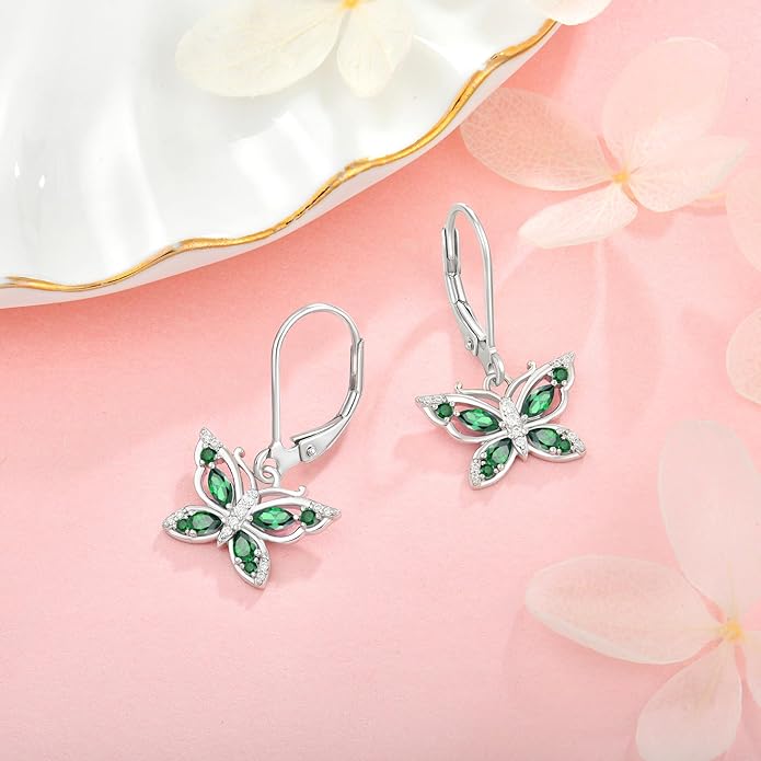 Women's Butterfly Leverback Dangle Earrings 925 Sterling Silver 5A Cubic Zirconia Jewelry for Valentine Mother's Day Birthday Gifts for Her