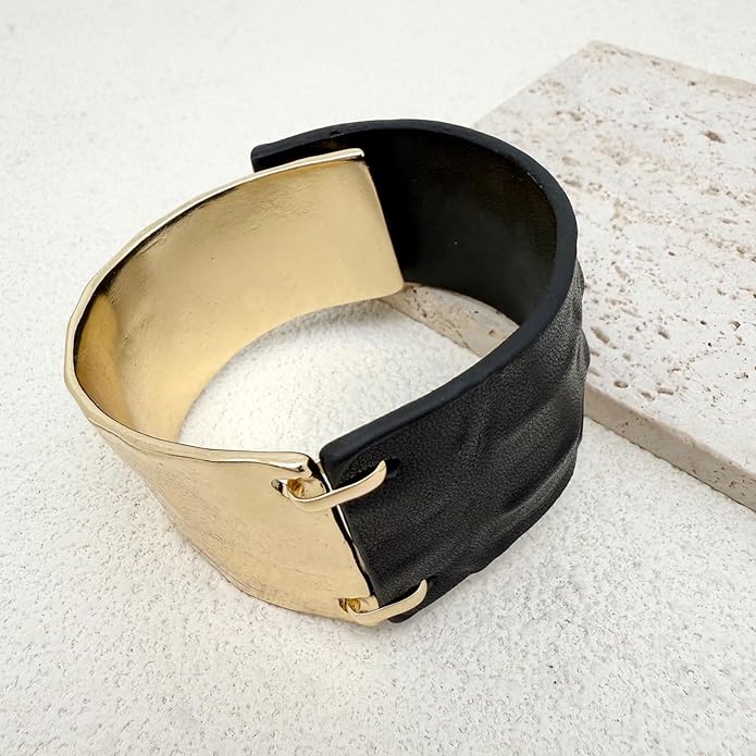 Leather Bracelet for Women Black Leather Golden Bracelet Bangle Chunky Leather Wrap Bracelet for Women Statement Jewelry Gift