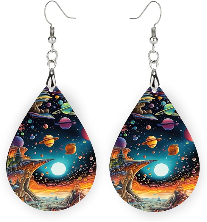Teardrop Wood Earrings Light Weight Printed Image Dangle Jewelry, Fun and Funky