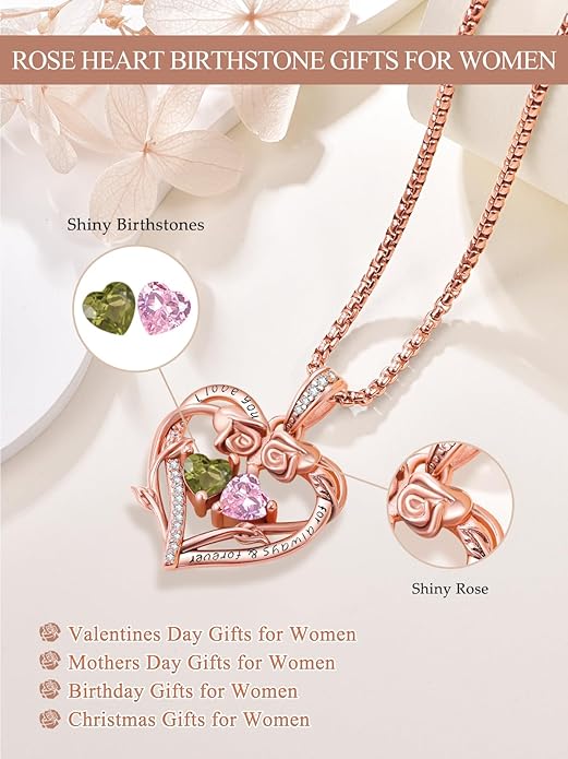 Rose Heart Necklaces for Women, Rose Gold Forever Love Jewelry with 2 Birthstones Pendant,Valentines Anniversarry Birthday Gifts for Her Wife Mom Grandma Daughter, 18+2 Inch Chain