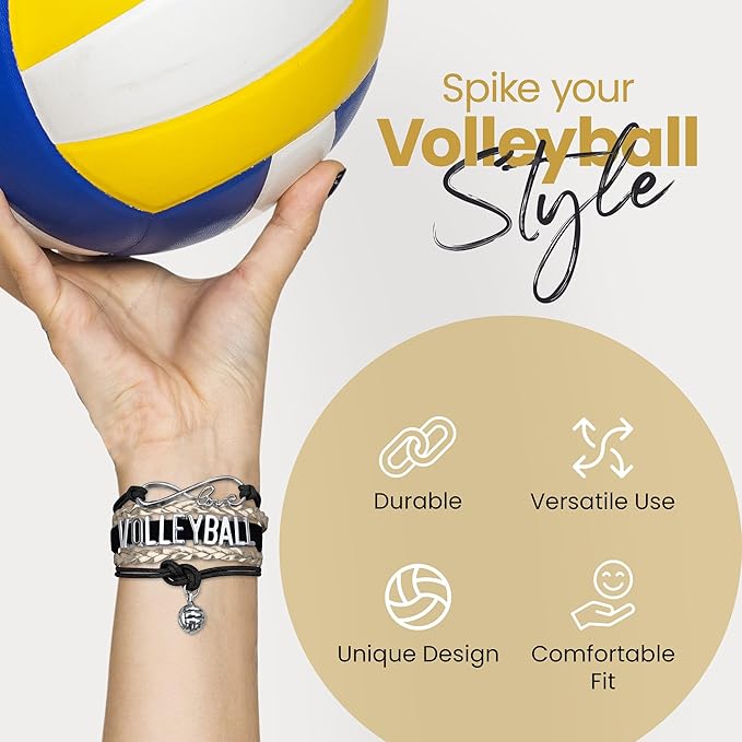 Volleyball Bracelets For Girls- Ideal Volleyball Gifts & Souvenirs. Adjustable Charm Bracelet with Moveable Letters, Infinity Symbol & Silver Volleyball Charm. Fashionable Bracelets by SportyBella.