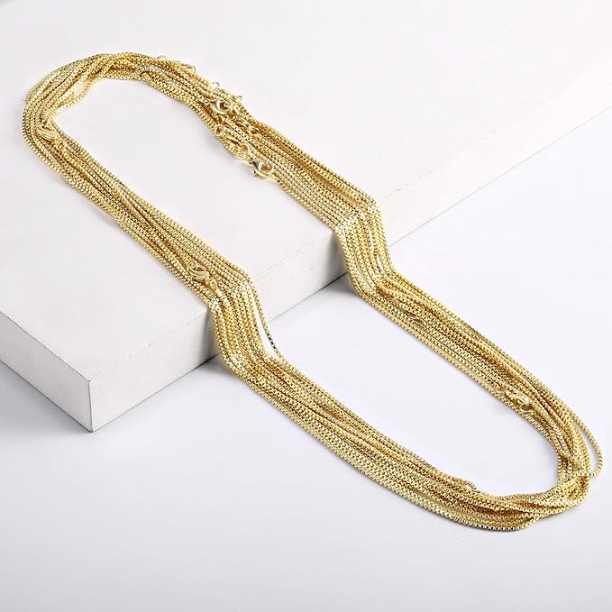 ALEXCRAFT Wholesale 6PCS 14K Real Gold Plated Brass Box Chain Necklace Bulk for Jewelry Making (16 inch)
