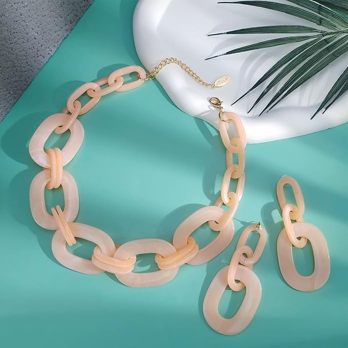 Bocar Acrylic Chunky Statement Necklace for Women Cube Link Chain Collar Necklace and Hoop Earrings Costome Jewelry Set