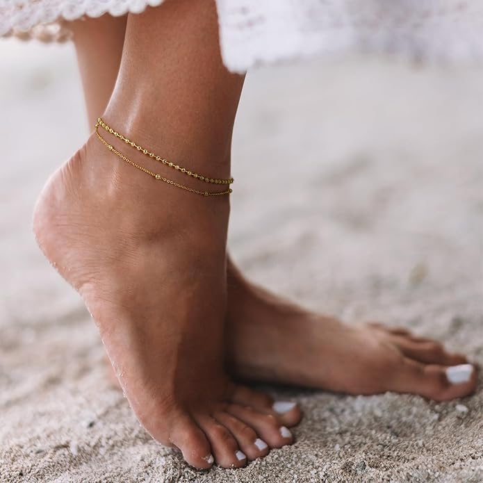 JINEAR Gold Ankle Bracelets for Women，14K Gold Plated Waterproof Chain Herringbone Layered Beaded Anklets Adjustable Summer Beach Jewelry Gift for Women