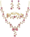 BriLove Women's Wedding Jewelry Leaf Cluster Flower Crystal Dangle Earrings Pendant Necklace Set for Bridal