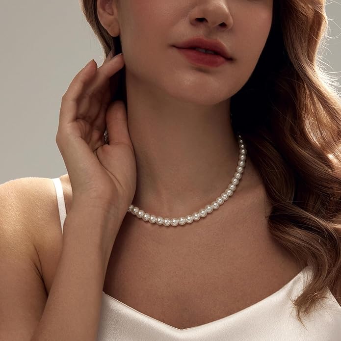 Zeffy Pearl Necklace 4MM/6MM/8MM Dainty Round Imitation Pearl Choker Necklace Wedding Pearl Necklace Delicate Jewelry for Women Simple Bridesmaid Jewelry Gifts