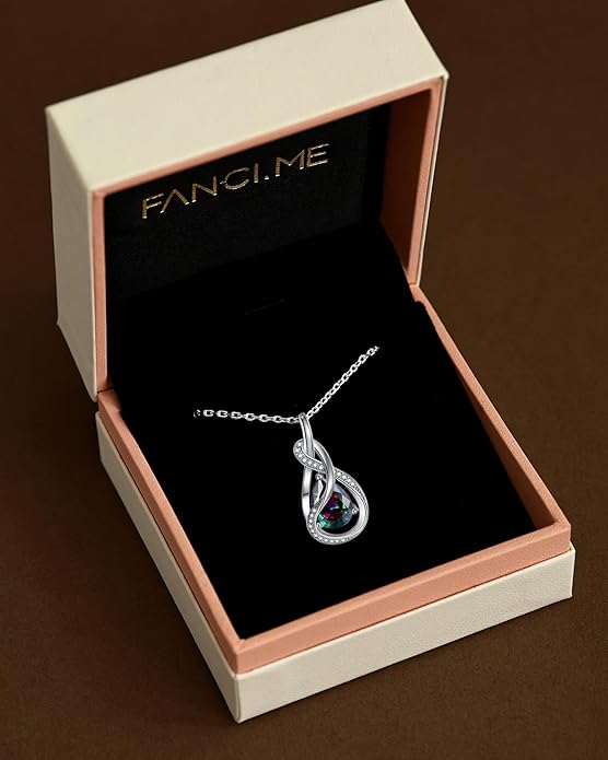 FANCIME TimelessTie Birthstone Necklace for Women White Gold Plated Sterling Silver Ribbon Design Jewelry Knot Pendant Fine Jewelry Gemstone Birthday Graduation Anniversary Valentines Day Gifts for Women Wife Mother Her
