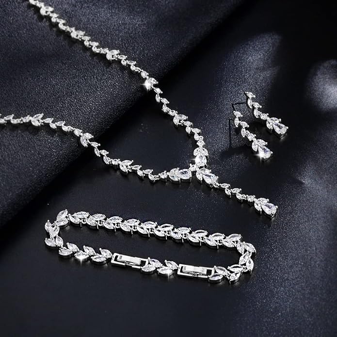 Bridal Wedding Jewelry CZ Set Marquise Teardrop Cubic Zirconia Pendant Necklace and Dangle Earring Bracelet Sets for Women