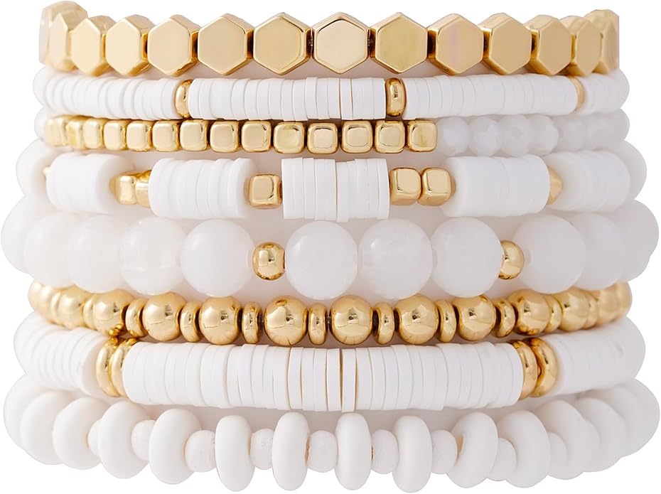 GOOJIDS Surfer Heishi Clay Bead Bracelets for Women Bohemian Stackable Gold Plated Beaded Stretch Bracelets Elastic Layering Friendship Bracelets Set Boho Jewelry