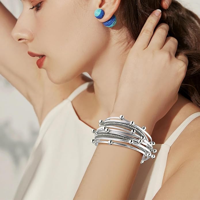 Wrapped Bracelets for Women,Leather Bracelet,Boho Bracelets for Women,Multi-Layer Pearl Crystal Bracelet Bangle Jewelry
