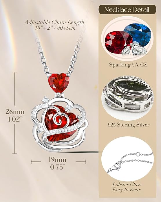 FANCIME Thornless Pulse Heart Birthstone Necklace for Women Sterling Silver Rose Pendant Fine Jewelry Gemstone Birthday Valentines Day Gifts for Wife Her