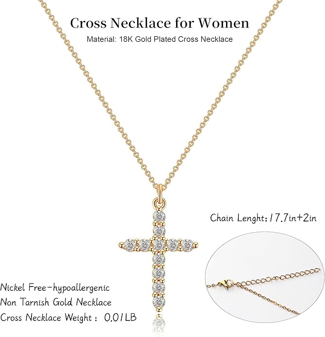 Crown Cross Necklace for Women, 14K Gold Silver Cubic Zirconia Crown Cross Necklace, Diamond Gold Silver Cross Necklaces, Dainty Cross Faith Simple Trendy Charm Jewelry Gift for Women