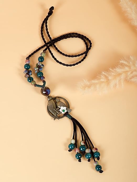 MINACHI Boho Hippie Colorful Ceramic Beads Strand O Ring Circle Charm Long Y Necklace, Vintage Bohemian Statement Jewelry Gift for Women