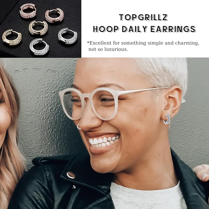 TOPGRILLZ Iced Out Hoop Earrings Cubic Zirconia Huggie Cartilage Cuff Hypoallergenic 14K Gold Plated Luxury Fashion Round Circle Earrings For Men Women