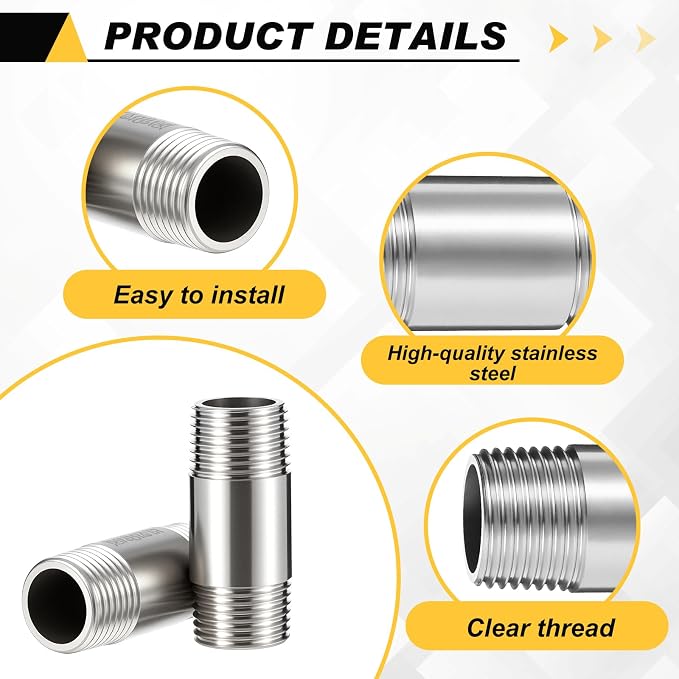 6 Pcs 304 Stainless Steel Pipe Fittings 1/2" Npt x 1/2" Npt Male Threaded 2" - Image 3