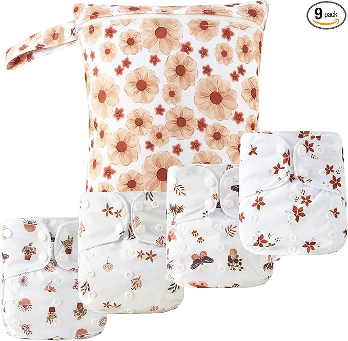HappyFlute 9 Sets Newborn Baby Cloth Pocket Diapers One Size Adjustable Reusable for Baby Boys and Girls(6-33 pounds,0-3 Years),One Wet Bag+4Diapers and 4Inserts