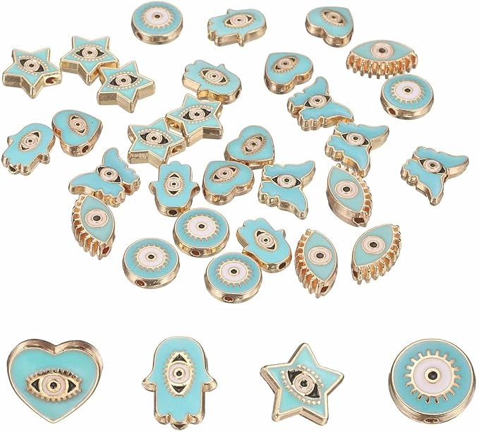 MECCANIXITY 30 Pcs Evil Eye Beads Bulk Colorful Alloy Enamel Loose Spacer Charm Beads for DIY Bracelet Earrings Necklace Crafts Jewelry Making, Sky Blue