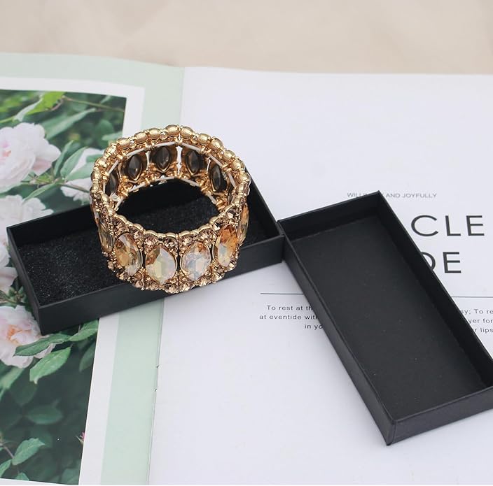 Women’s Elegant Wedding Bridal Crystal Double Row Marquise-Shape Leaf Stretch Bangle Bracelet Bride Jewelry for Women