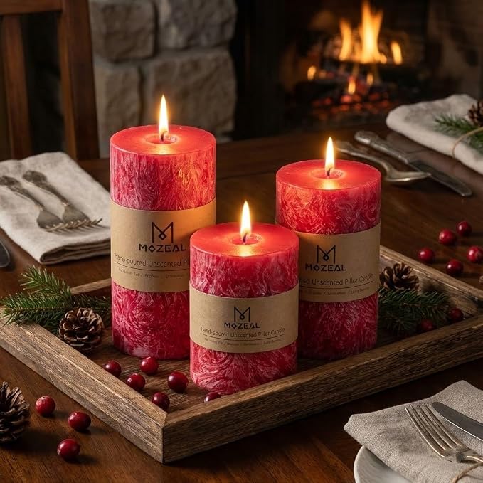 MOZEAL Hand-Poured, Unscented Red Crystal Pillar Decorative Candles, Elegant - Image 3