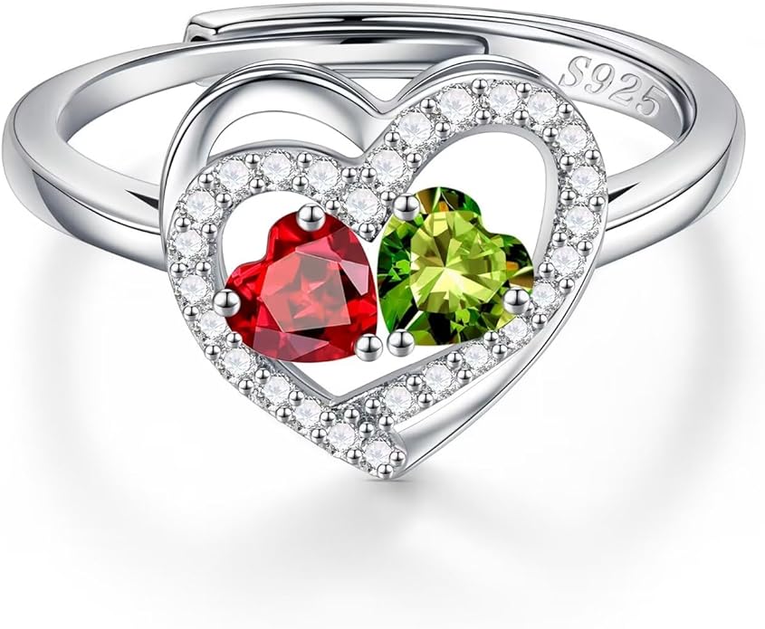 Iefil Adjustable Ring for Women - 925 Sterling Silver Double Birthstone Rings, Anniversary Birthday Gifts for Women Wife Her