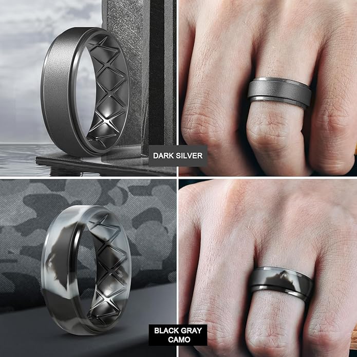 Egnaro Men's Rings 8.5mm Wide-2mm Thick Inner Arc Ergonomic Breathable Rubber Wedding bands-Hypoallergenic for Gym/Outdoor/Gift((1-7 Variety Pack with Half Size)