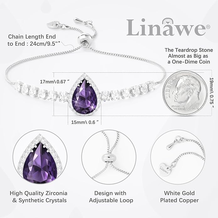 Linawe Crystal Imitation Diamond Rhinestone Charm Bracelets for Women, Gold/Silver/Rose Gold Adjustable Chain Bracelet, Teardrop Birthstone Cubic Zirconia Prom Costume Wedding Jewelry