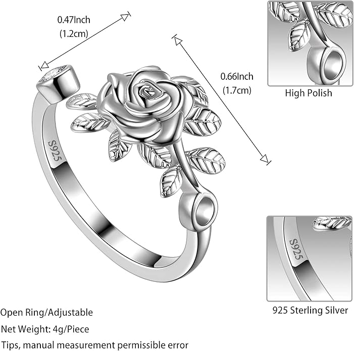925 Sterling Silver Rose Flower Ring - Adjustable, Elegant Promise Ring for Women & Girls - Perfect for Birthday & Wedding Gifts
