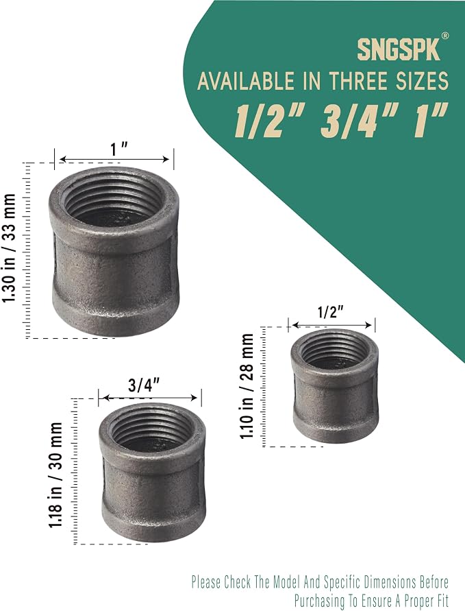 Black Cast Iron Pipe Coupling Fittings, 1 Inch Female Thread Connectors - Image 4