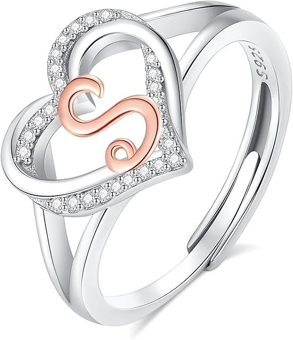 INFUSEU 925 Sterling Silver Initial Heart Ring for Women Girls, Adjustable Size