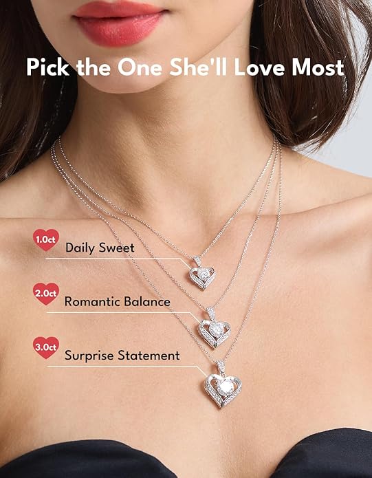 KRKC Moissanite Heart Necklace for Women, 1-3 Carat Lab Created Diamond Pendant, 14K/White Golden Plated S925 Sterling Silver Chains, Valentines Day Christmas Birthday Gifts for Her Wife Anniversary