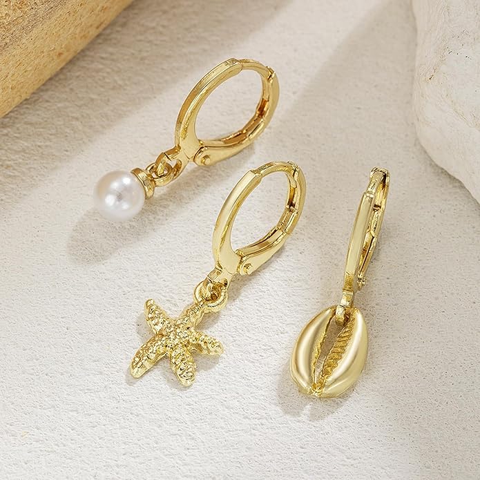 Seashell Starfish Earrings Beach Jewelry for Women Pearl Drop Shell Earrings Ocean Beachy Fashion Accessories Womens Summer Outfits 2026 Tropical Vacation Outfits Beach Vacation Clothes Dresses