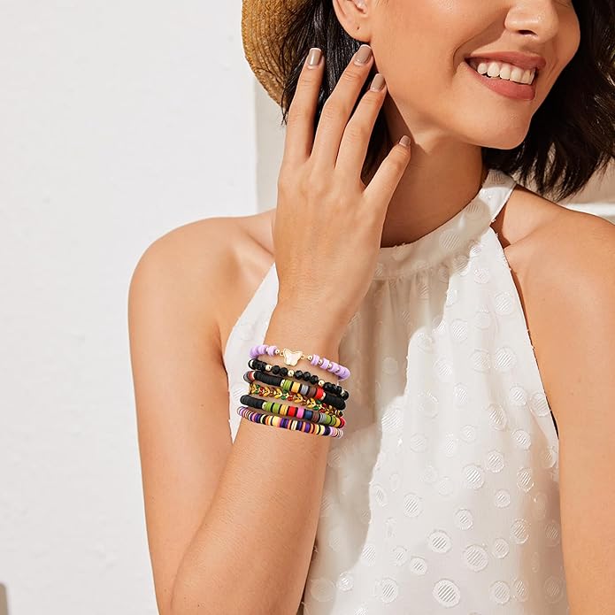 Heishi Beaded Stretch Bracelets for Women Stackable Polymer Clay Beads Bracelets Friendship Boho Summer Beach Bracelet Jewelry Set