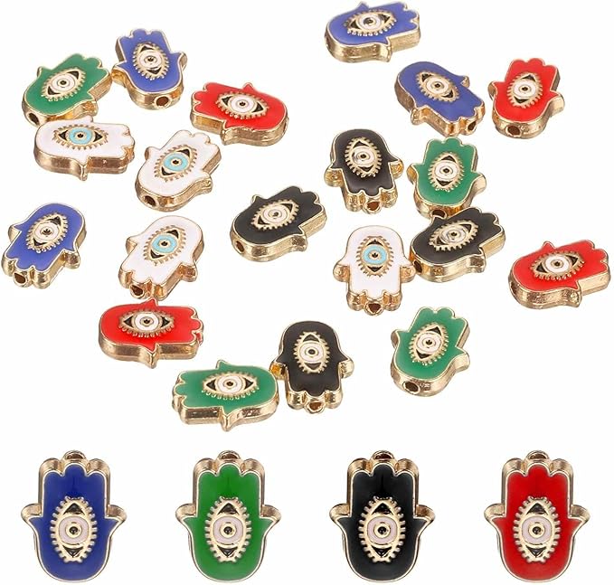 MECCANIXITY 20 Pcs Hand Evil Eye Beads Colorful Flat Loose Spacer Evil Eye Charms for DIY Bracelet Earrings Necklace Crafts Jewelry Making, Green/Red/Bright Blue/Black/White