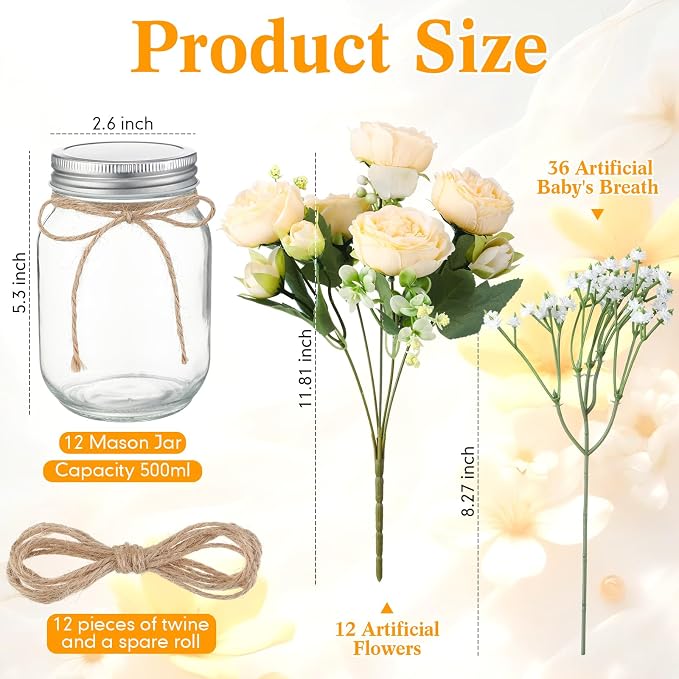 12 Sets Mason Jar Flowers Centerpiece Table Decorations, Champagne | Faux - Image 4