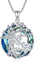 TOUPOP s925 Sterling Silver Family Celtic Tree of Life Pendant Necklaces with 2 Heart Birthstone with Blue Austrian Crystal Jewelry Birthday Valentines Day Gifts for Her, Anniversary Christmas Gifts for Wife Girlfriend Mom (18K Real White Gold Filled)