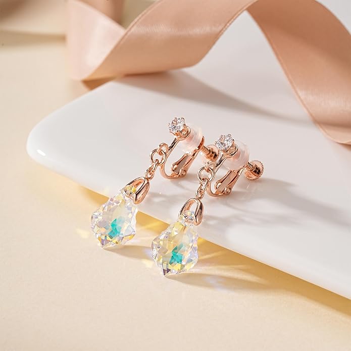 Austrian Crystal Baroque Drop Clip On Dangle Earrings for Women Non Pierced 14K Rose Gold Plated Hypoallergenic Jewelry