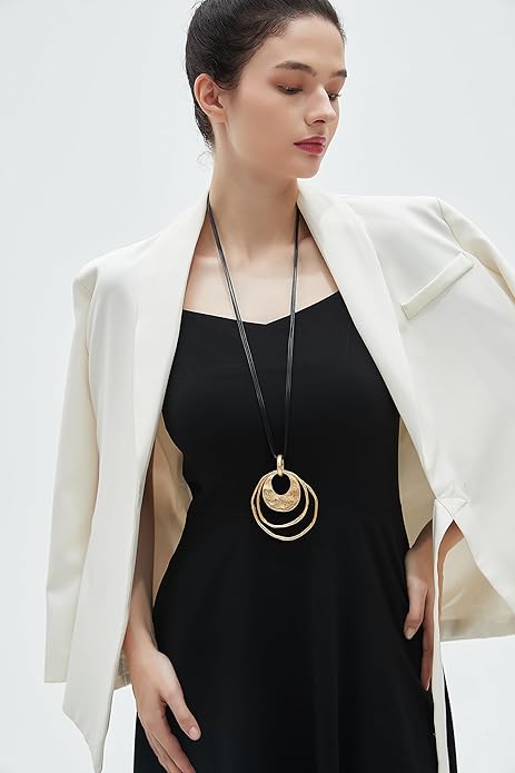 GelConnie Leather Necklace for Women Large Pendant Long Brown Necklace Circle Leather Choker Vintage Sweater Necklace Gold Chunky Boho Necklaces for Women