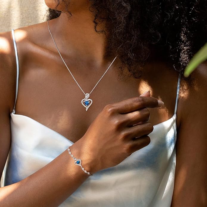 AGVANA Valentines Day Gifts Rosy Reverie Birthstone Necklace for Women Sterling Silver Genuine or Created Gemstone Rose Flower Heart Pendant Necklace Anniversary Birthday Gifts for Women Mom Wife Her