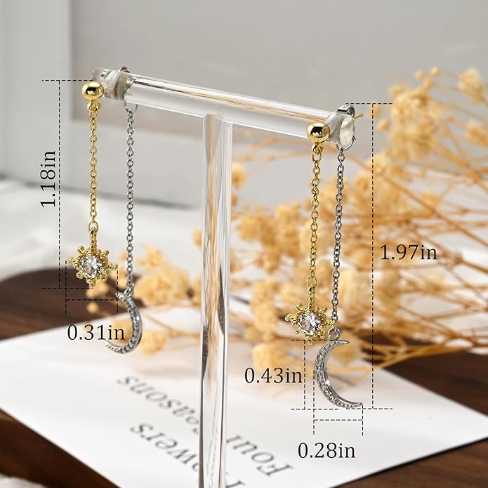 Moon and Star dangle Earrings for Women Chain Tassel with Cubic Zirconia Drop Celestial Jewelry for Wedding Gift