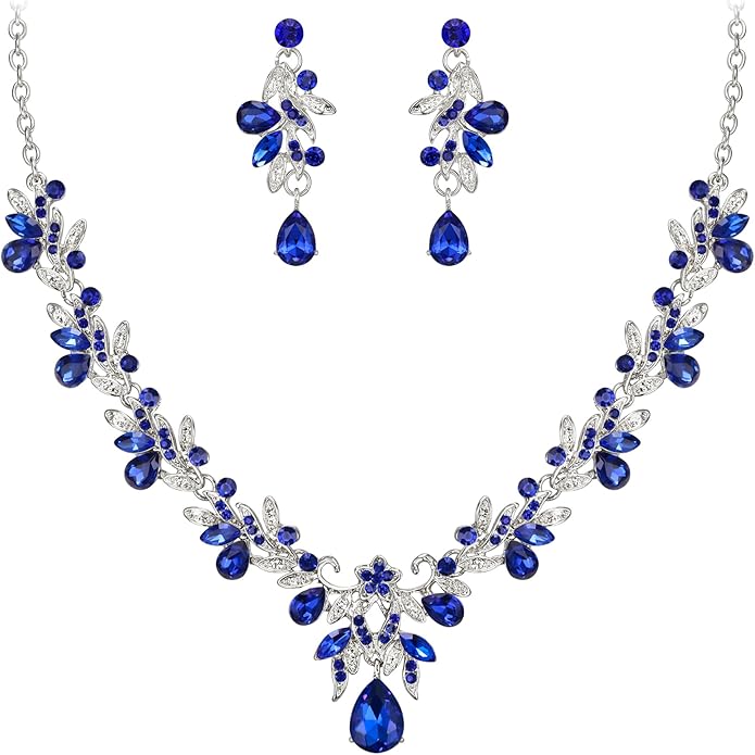 BriLove Women's Wedding Jewelery Set Leaf Flower Crystal Teardrop Marquise Cluster Pendant Necklace Dangle Earrings for Bridal Party