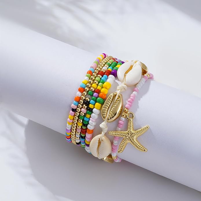 Shell Bracelet Seashell Boho Beaded Stretch Bracelets for Women Summer Beach Bracelets Starfish Charm Bracelet Stackable Gold Plated Bracelets Set for Women