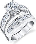2 Carats Sterling Silver Bridal Set Cubic Zirconia Engagement Wedding Ring Bands with Round and Princess Cut