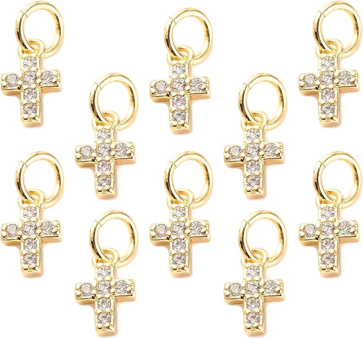 10PCS Cubic Zirconia Cross Alloy Pendants, 18K Gold Plated Cross Shaped Alloy Pendant, Sparkly Christ Crucifix Charms for Jewelry Making Bracelets Necklaces Earring Keychain DIY Craft Findings