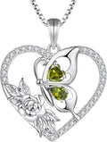 YL Women's Butterfly Necklace 925 Sterling Silver Flower Rose Pendant Birthstone Halo Jewelry