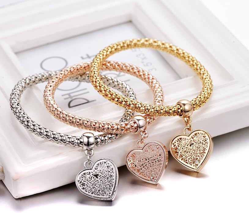 Crystal Charms Multilayer Bracelets - 3PCS Gold/Silver/Rose Gold Corn Chain Bracelet for Women, Tree of Life Heart Shaped Stretch Bracelet
